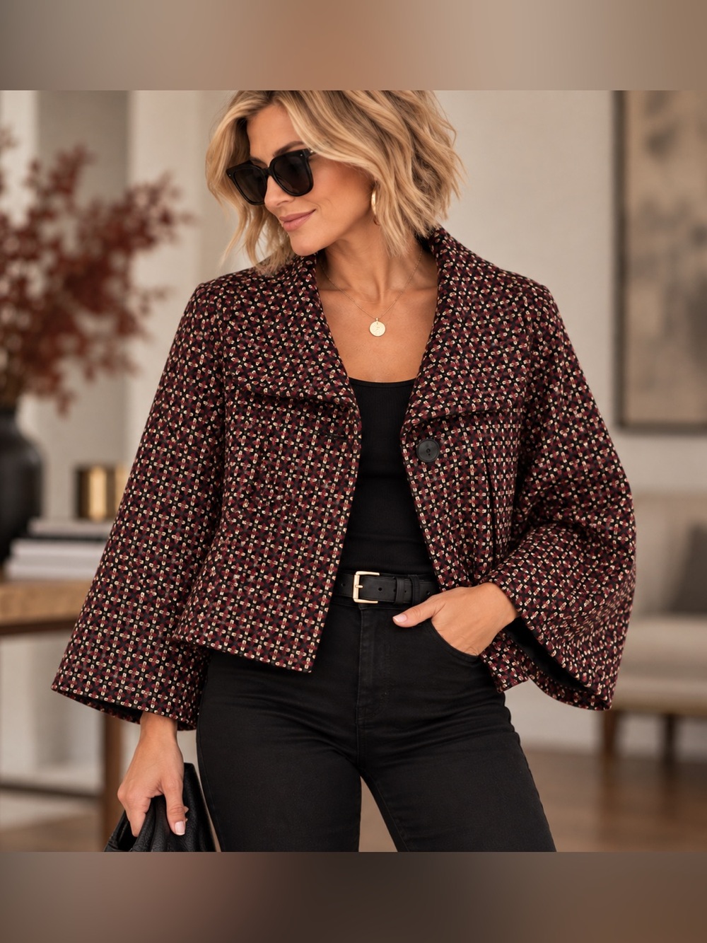 Axcess Liz Claiborne Wool Blend Cropped Swing Jacket Black Burgundy XL